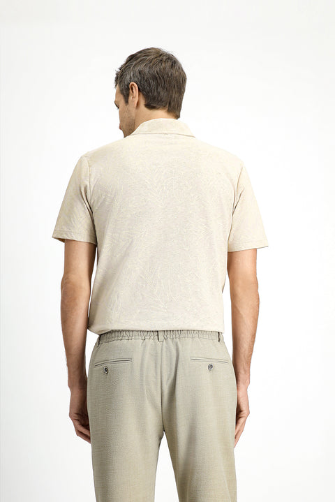 Orta Bej Slim Fit Dar Kesim Baskılı Pamuk Polo Yaka Tişört