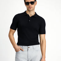 Black Slim Fit Narrow Cut Cotton Polo Neck Knitted T-Shirt