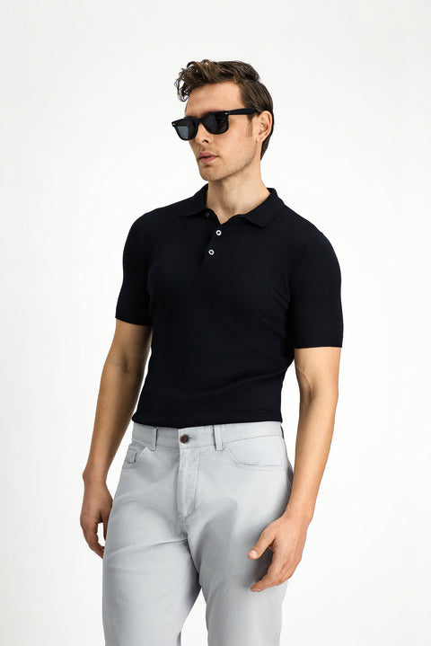 Black Slim Fit Narrow Cut Cotton Polo Neck Knitted T-Shirt