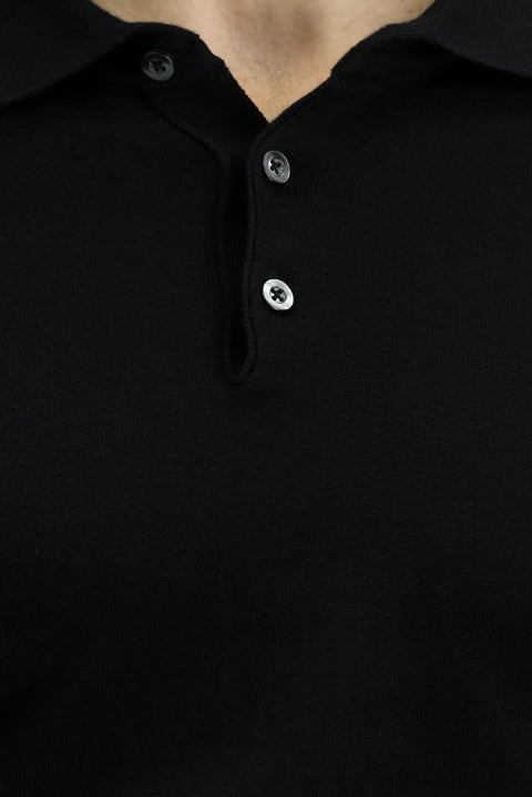 Black Slim Fit Narrow Cut Cotton Polo Neck Knitted T-Shirt