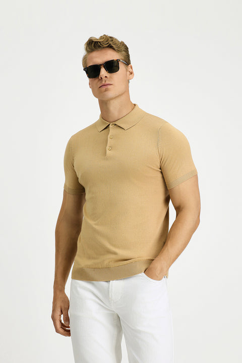 Orta Bej Slim Fit Dar Kesim Pamuk Polo Yaka Örme Tişört