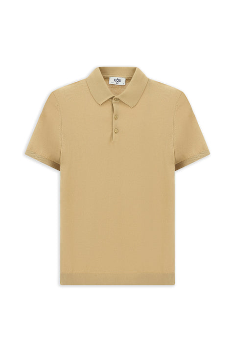 Orta Bej Slim Fit Dar Kesim Pamuk Polo Yaka Örme Tişört