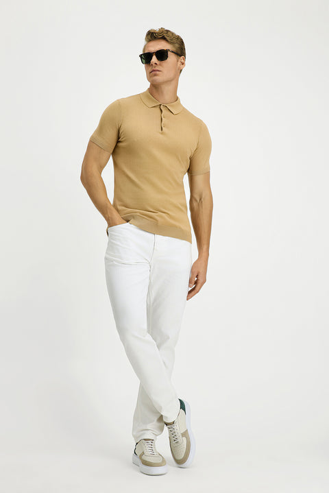 Orta Bej Slim Fit Dar Kesim Pamuk Polo Yaka Örme Tişört