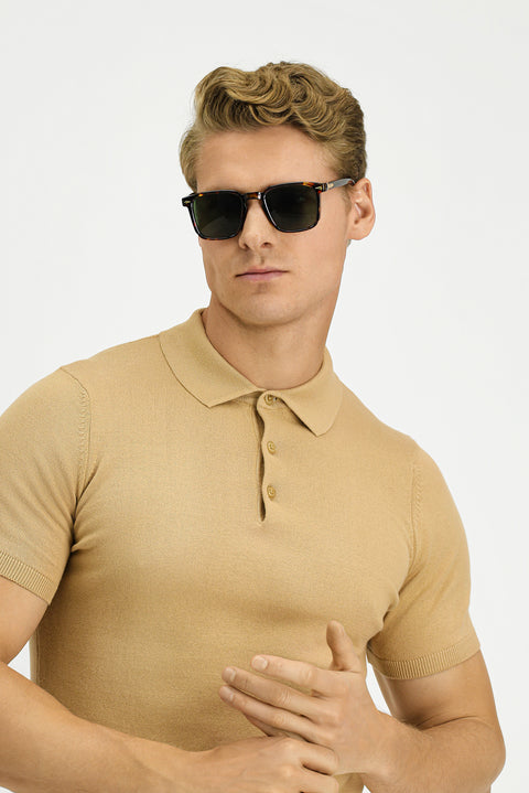 Orta Bej Slim Fit Dar Kesim Pamuk Polo Yaka Örme Tişört