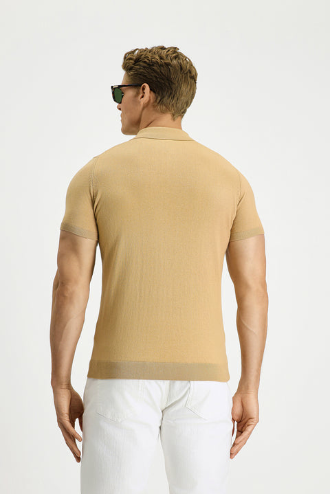 Orta Bej Slim Fit Dar Kesim Pamuk Polo Yaka Örme Tişört