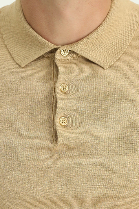 Orta Bej Slim Fit Dar Kesim Pamuk Polo Yaka Örme Tişört