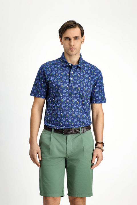 Light Navy Slim Fit Narrow Cut Cotton Printed Polo Shirt