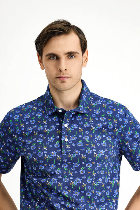 Light Navy Slim Fit Narrow Cut Cotton Printed Polo Shirt
