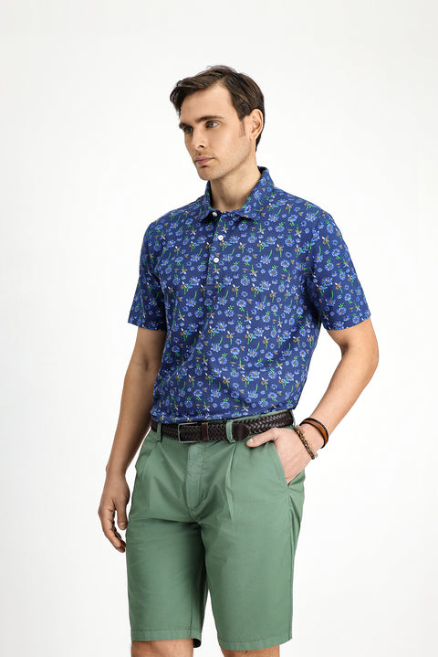 Light Navy Slim Fit Narrow Cut Cotton Printed Polo Shirt