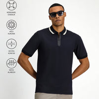 Dark Navy Techno-Line Zip-Up Lycra Slim Fit Narrow Cut Polo Shirt