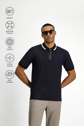 Koyu Lacivert Techno-Line Fermuarlı Likralı Slim Fit Dar Kesim Polo Yaka Tişört