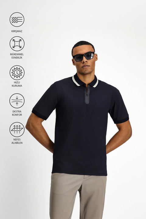 Dark Navy Techno-Line Zip-Up Lycra Slim Fit Narrow Cut Polo Shirt