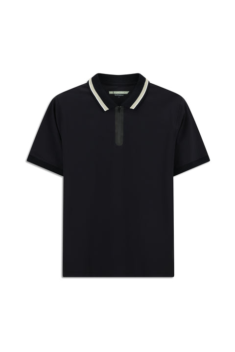 Dark Navy Techno-Line Zip-Up Lycra Slim Fit Narrow Cut Polo Shirt
