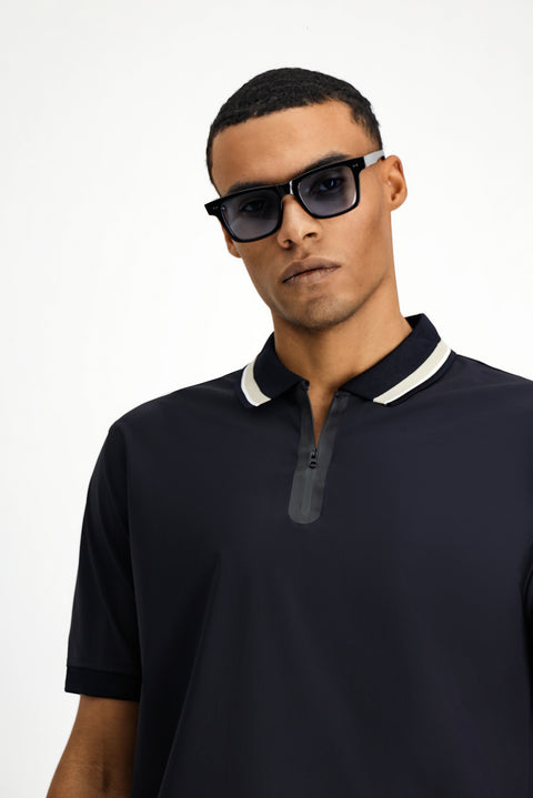 Dark Navy Techno-Line Zip-Up Lycra Slim Fit Narrow Cut Polo Shirt