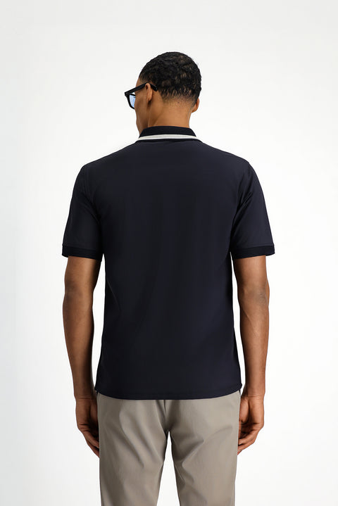 Dark Navy Techno-Line Zip-Up Lycra Slim Fit Narrow Cut Polo Shirt