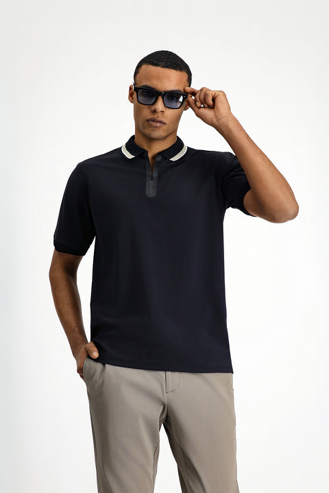 Dark Navy Techno-Line Zip-Up Lycra Slim Fit Narrow Cut Polo Shirt
