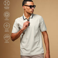 Light Beige Techno-Line Zip-Up Lycra Slim Fit Narrow Cut Polo Shirt