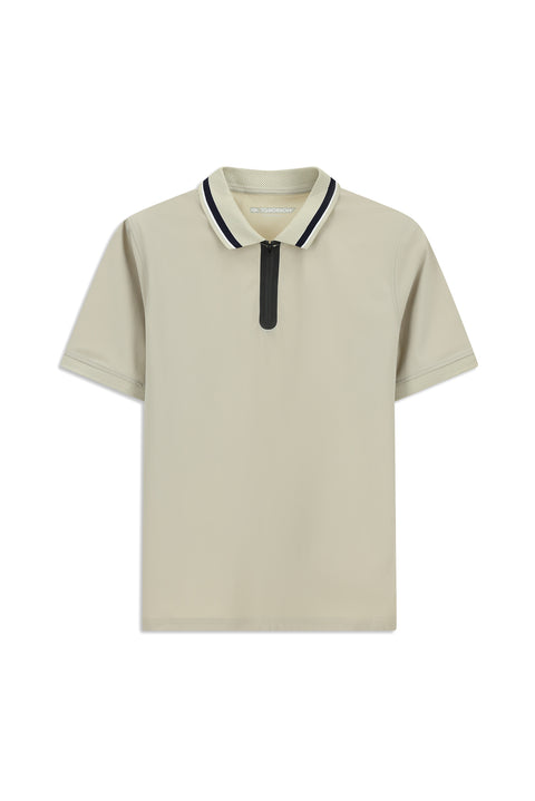 Light Beige Techno-Line Zip-Up Lycra Slim Fit Narrow Cut Polo Shirt