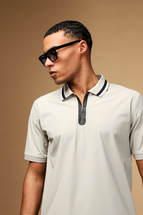 Light Beige Techno-Line Zip-Up Lycra Slim Fit Narrow Cut Polo Shirt