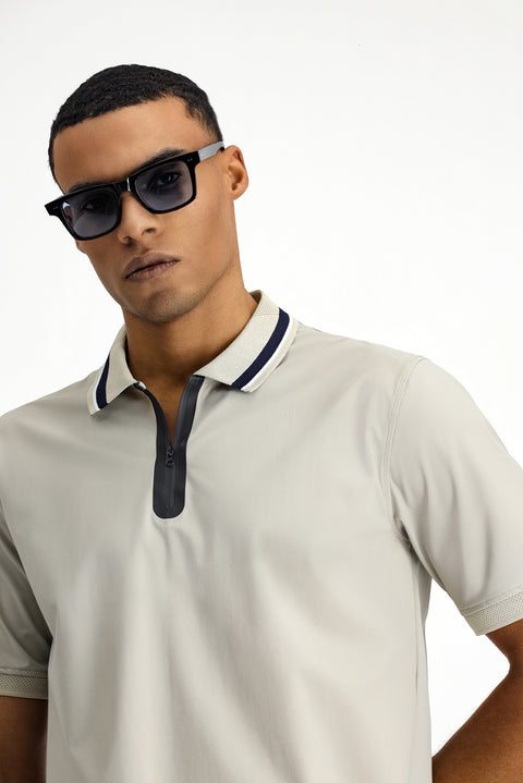 Light Beige Techno-Line Zip-Up Lycra Slim Fit Narrow Cut Polo Shirt