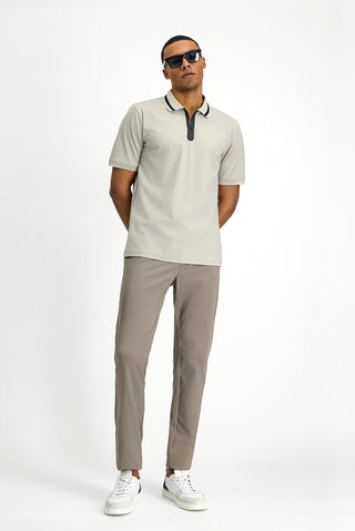  Açık Bej Techno-Line Fermuarlı Likralı Slim Fit Dar Kesim Polo Yaka Tişört