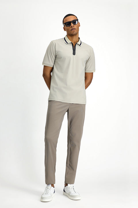 Light Beige Techno-Line Zip-Up Lycra Slim Fit Narrow Cut Polo Shirt