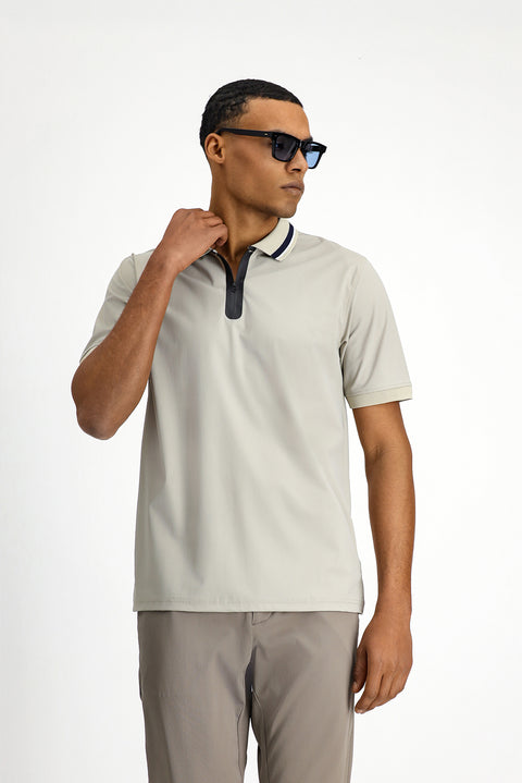 Light Beige Techno-Line Zip-Up Lycra Slim Fit Narrow Cut Polo Shirt