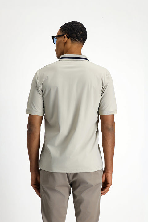 Light Beige Techno-Line Zip-Up Lycra Slim Fit Narrow Cut Polo Shirt