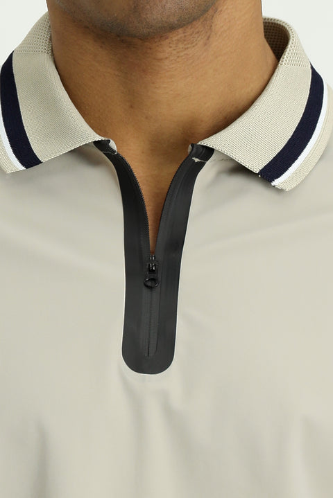 Light Beige Techno-Line Zip-Up Lycra Slim Fit Narrow Cut Polo Shirt