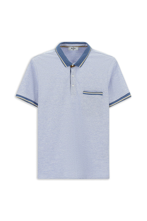 Light Blue Melange Slim Fit Narrow Cut Cotton Patterned Pocket Polo Shirt
