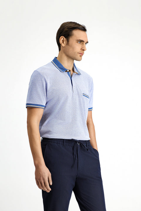 Light Blue Melange Slim Fit Narrow Cut Cotton Patterned Pocket Polo Shirt