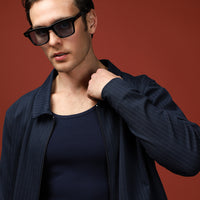 Medium Navy Seasonal Polo Collar Regular Fit Striped Zip-Up Sweatshirt Jacket