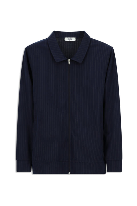 Medium Navy Seasonal Polo Collar Regular Fit Striped Zip-Up Sweatshirt Jacket