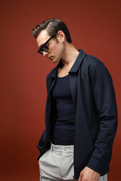 Medium Navy Seasonal Polo Collar Regular Fit Striped Zip-Up Sweatshirt Jacket