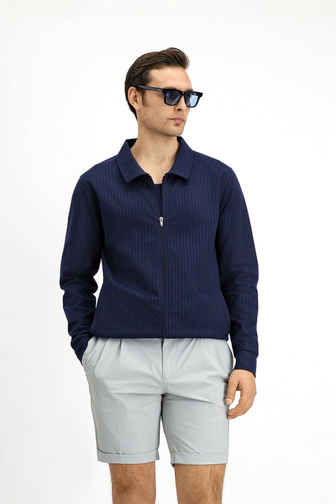 Medium Navy Seasonal Polo Collar Regular Fit Striped Zip-Up Sweatshirt Jacket