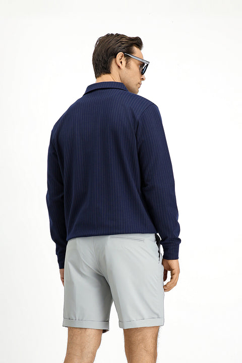 Medium Navy Seasonal Polo Collar Regular Fit Striped Zip-Up Sweatshirt Jacket