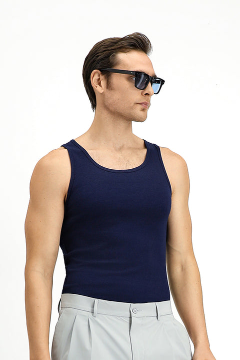 Koyu Lacivert Slim Fit Dar Kesim Pamuk Fitilli Atlet