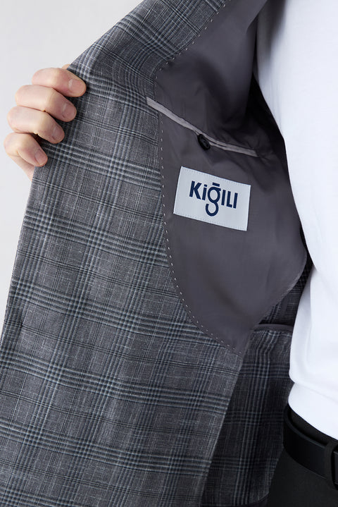 Orta Gri 4 Drop Relaxed Fit Rahat Kesim Mono Yaka Klasik Ekose Ceket