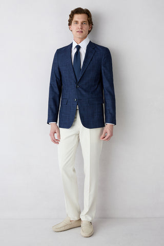  Açık Lacivert 7 Drop Slim Fit Dar Kesim Mono Yaka Klasik Ekose Ceket