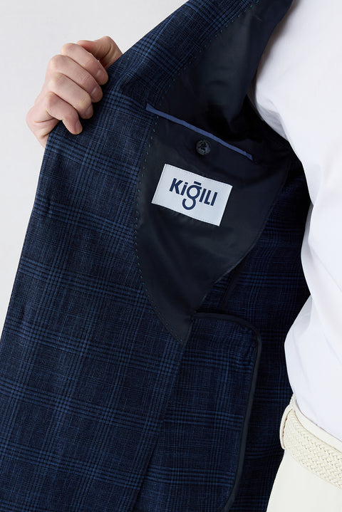 Açık Lacivert 4 Drop Relaxed Fit Rahat Kesim Mono Yaka Klasik Ekose Ceket