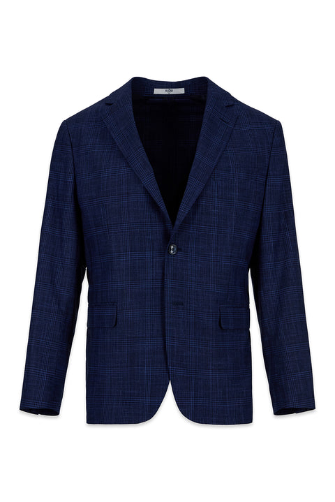 Orta Lacivert 4 Drop Relaxed Fit Rahat Kesim Mono Yaka Klasik Ekose Ceket