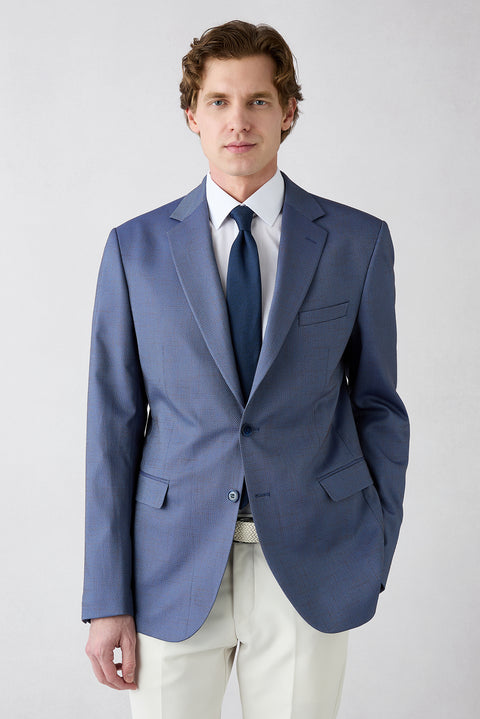 Mid Navy 8 Drop Long Slim Fit Notch Lapel Patterned Stretch Classic Blazer