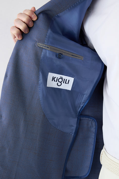 Orta Lacivert 4 Drop Relaxed Fit Rahat Kesim Mono Yaka Desenli Likralı Klasik Ceket