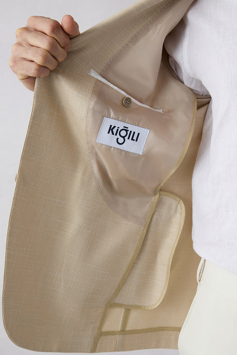 Açık Bej 6 Drop Regular Fit Standart Kesim Mono Yaka Desenli Likralı Klasik Ceket