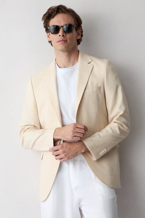 Krem 4 Drop Relaxed Fit Rahat Kesim Mono Yaka Desenli Likralı Klasik Ceket
