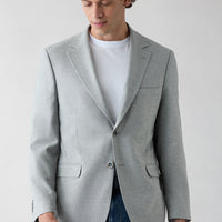 Açık Gri 4 Drop Relaxed Fit Rahat Kesim Mono Yaka Desenli Klasik Keten Karışımlı Ceket