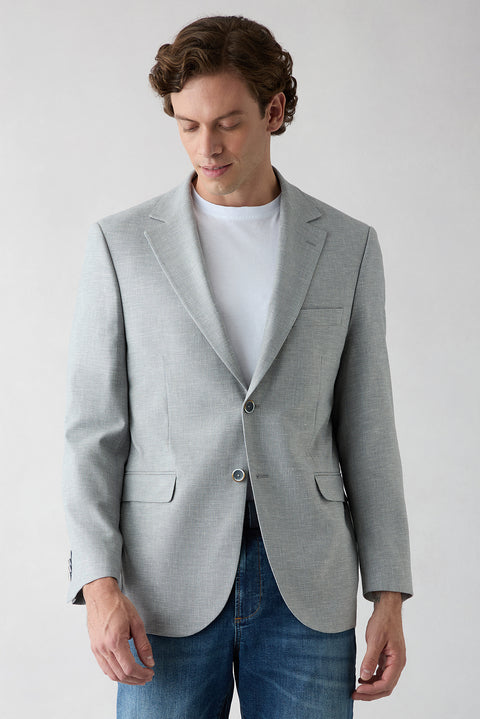 Açık Gri 4 Drop Relaxed Fit Rahat Kesim Mono Yaka Desenli Klasik Keten Karışımlı Ceket
