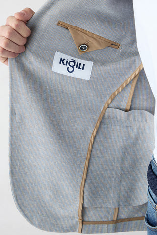 Açık Gri 4 Drop Relaxed Fit Rahat Kesim Mono Yaka Desenli Klasik Keten Karışımlı Ceket