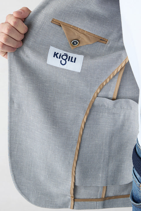 Açık Gri 4 Drop Relaxed Fit Rahat Kesim Mono Yaka Desenli Klasik Keten Karışımlı Ceket