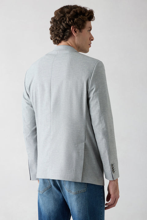 Açık Gri 4 Drop Relaxed Fit Rahat Kesim Mono Yaka Desenli Klasik Keten Karışımlı Ceket